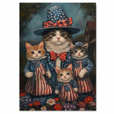 Mother Cat and Three Kittens in Patriotic Outfits with Red White and Blue Hats and Bows in Oil Painting Style on Ready to Hang 1.5" Thick Canvas Wrap, Floating Framed Canvas, Flat Rolled Canvas